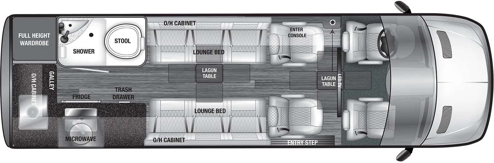 The VRV 10RK floorplan has one entry and zero slide outs. Exterior features include: 8' 2" awning. Interiors features include: captain chairs.